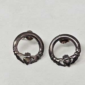 Vintage Sterling Silver Claddagh Hoop Stud Earring Irish Love Loyalty Friendship